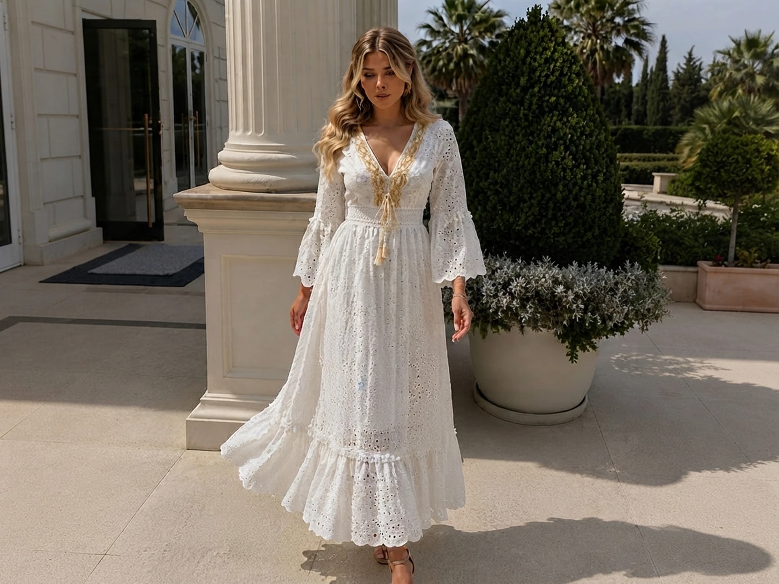 Imported Broderie Collar Rhinestone Embellished Dress