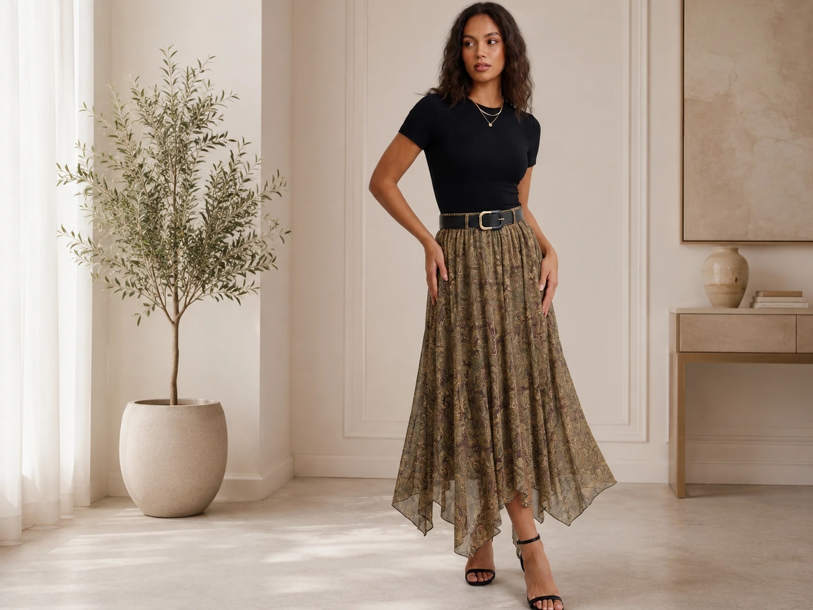 Fluid-Print Chiffon Skirt