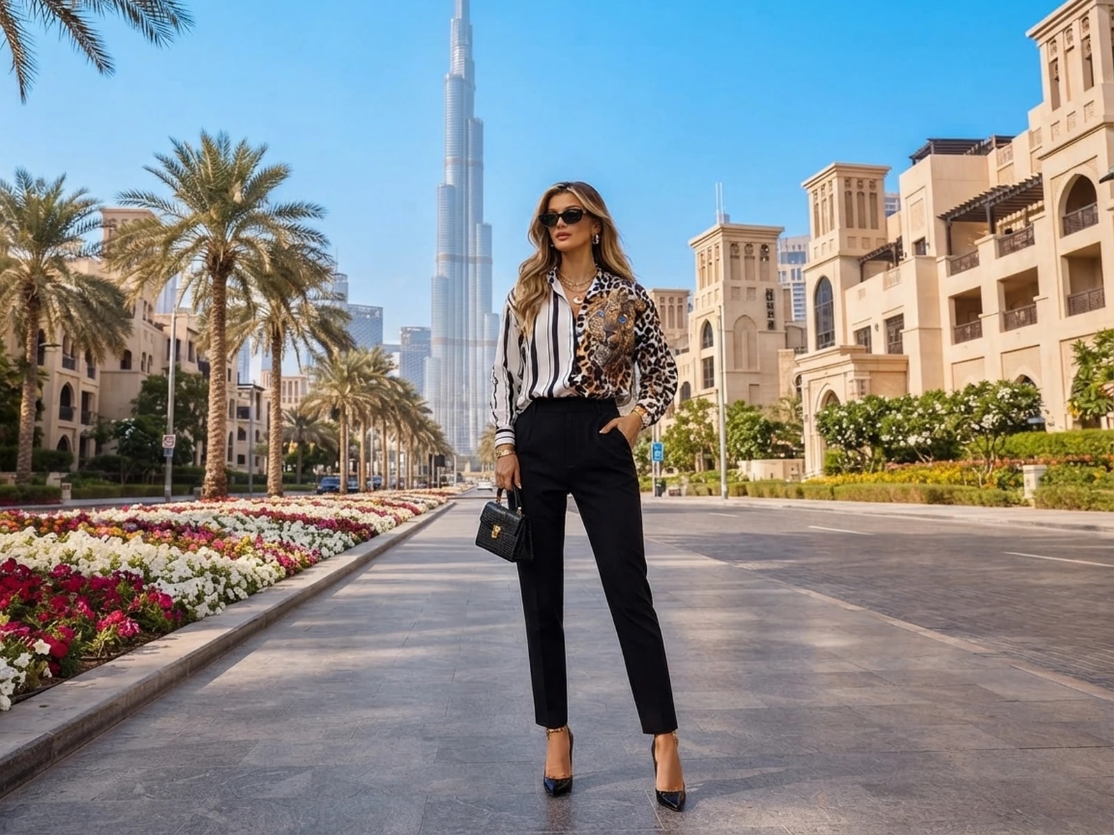 Leopard Rhinestone Printed Half-Striped Shirt