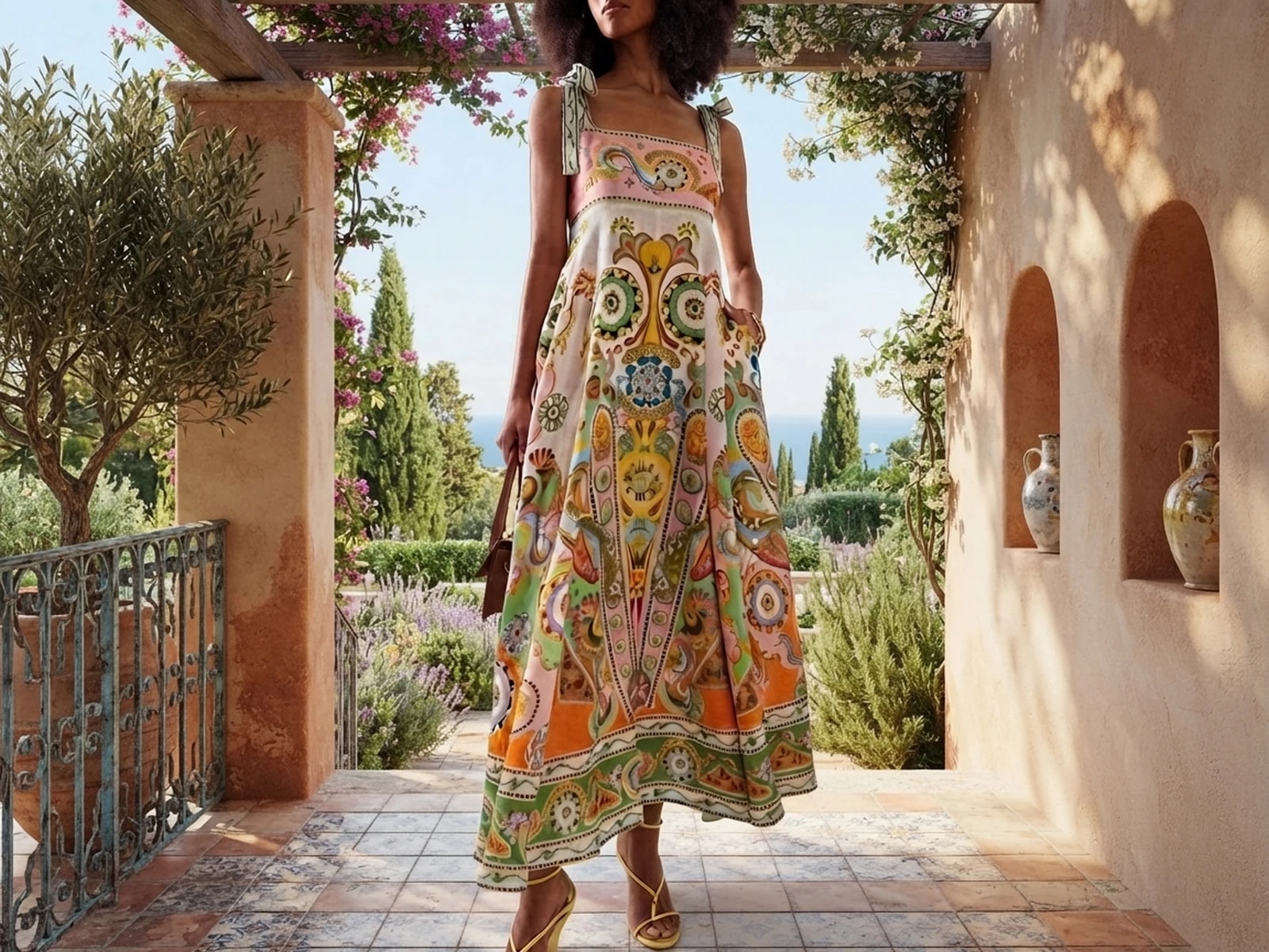 Patterned Square-Neck Dress with Shoulder Ties