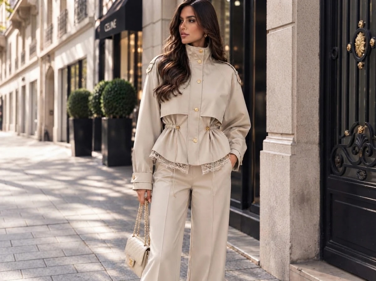 İthal Dantel Detaylı Trench Ceket