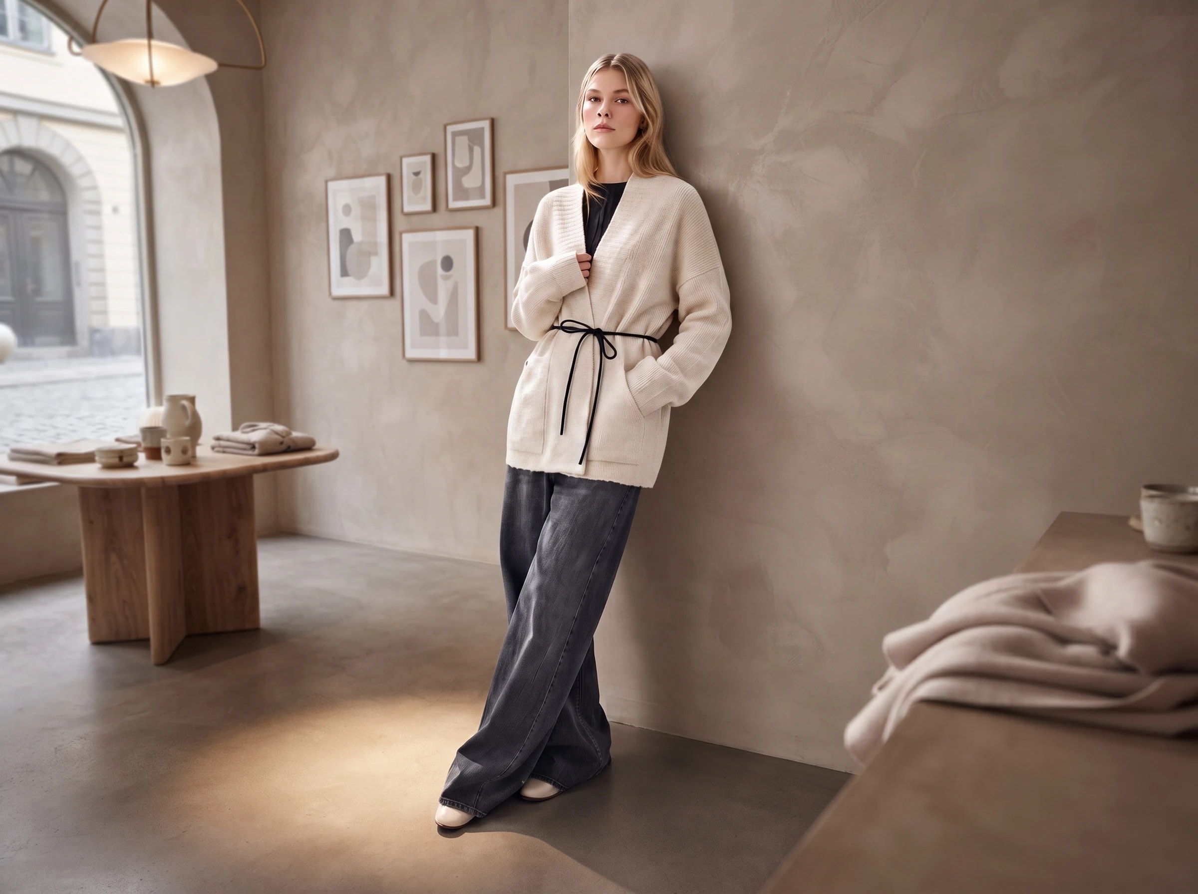 Beige Knit Cardigan with Belt Detail
