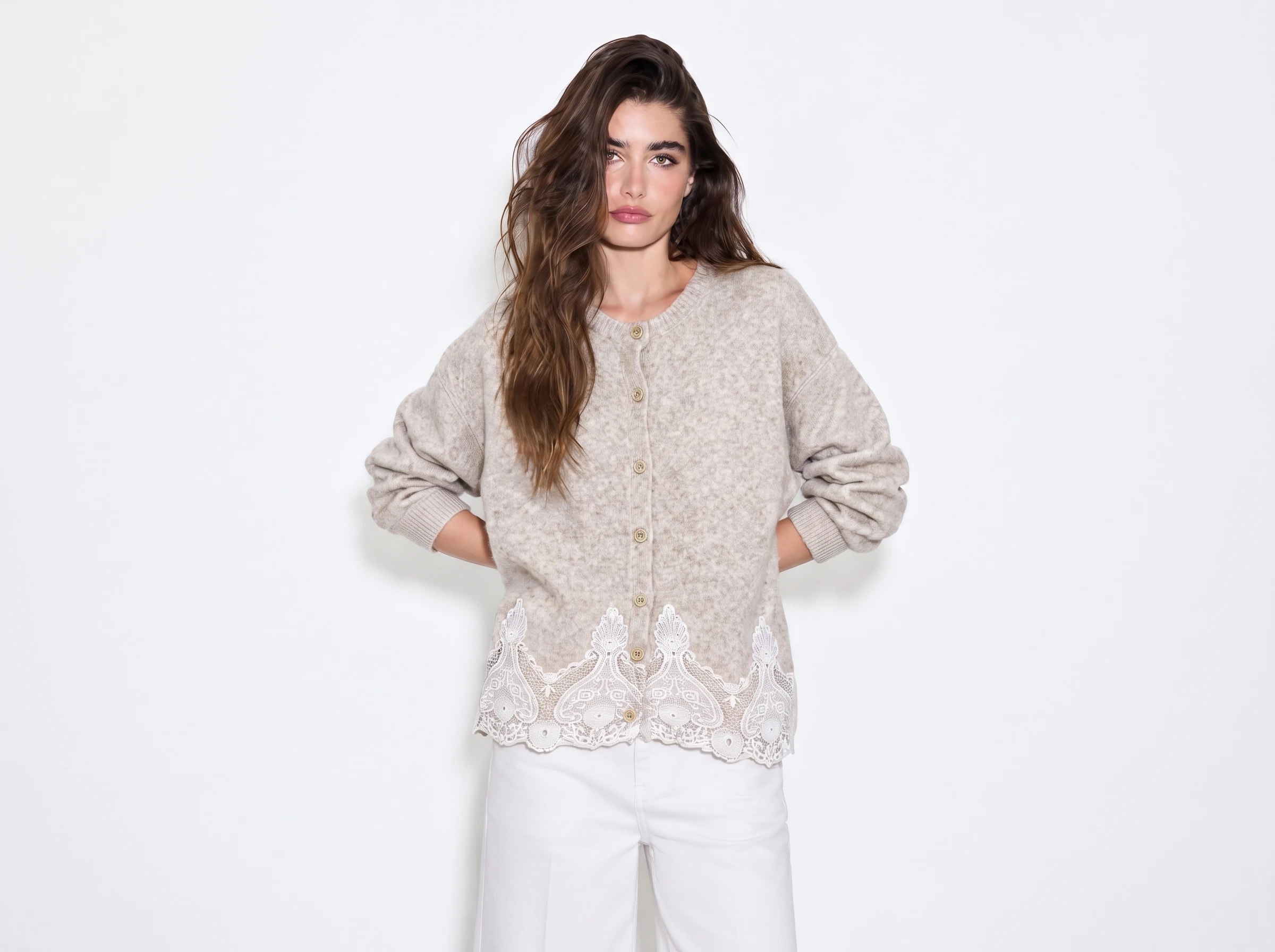 Beige Knit Cardigan with Lace Hem