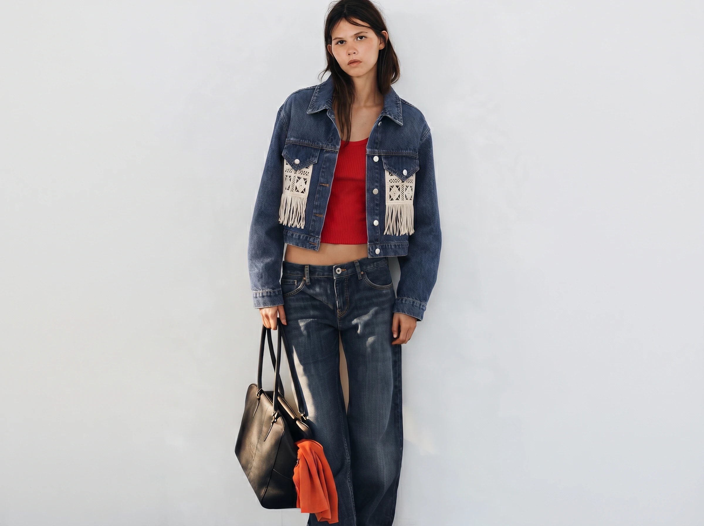 Lace-Detail Fringed Denim Jacket