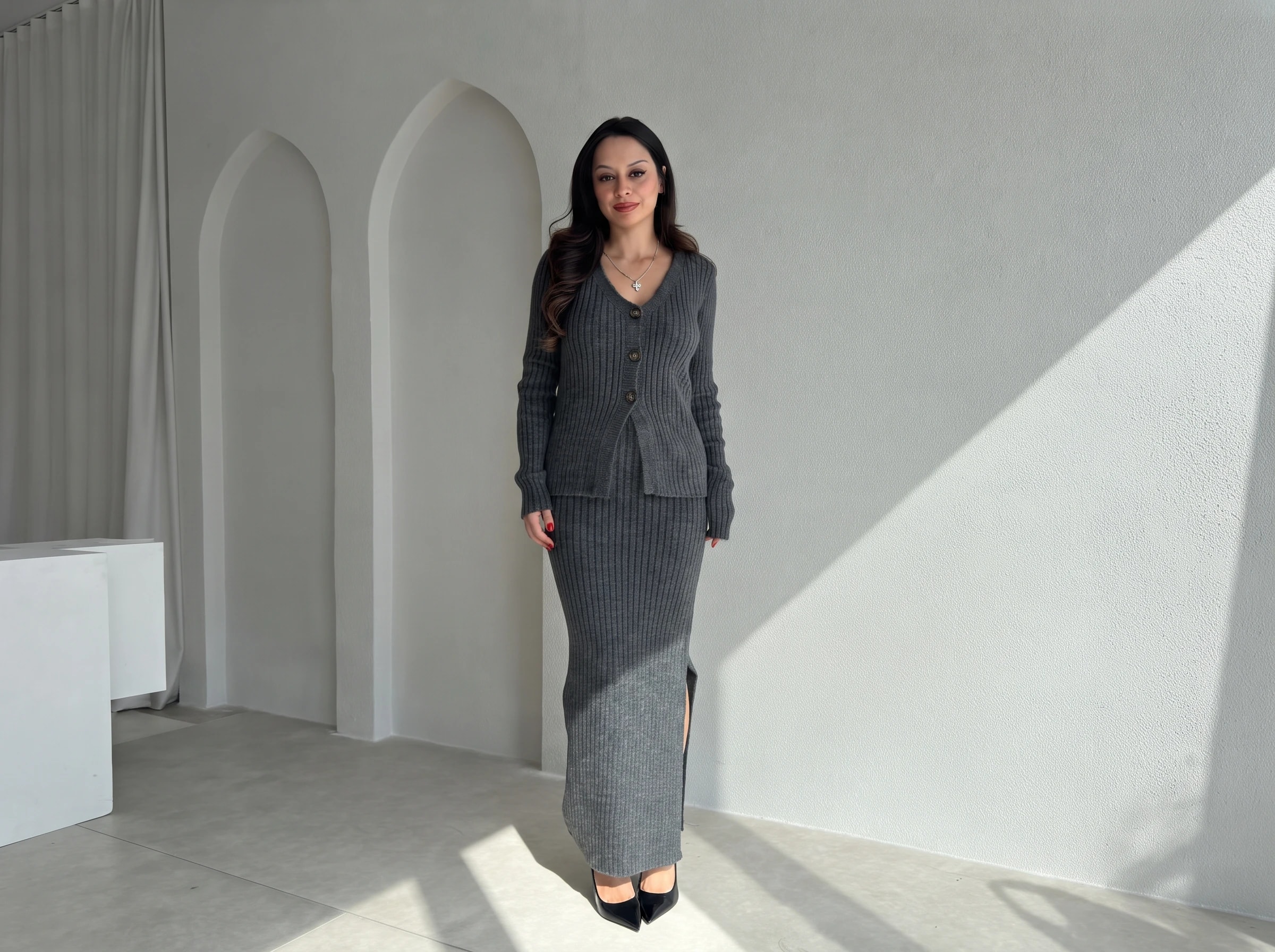 Ribbed Knit Cardigan and Skirt Set