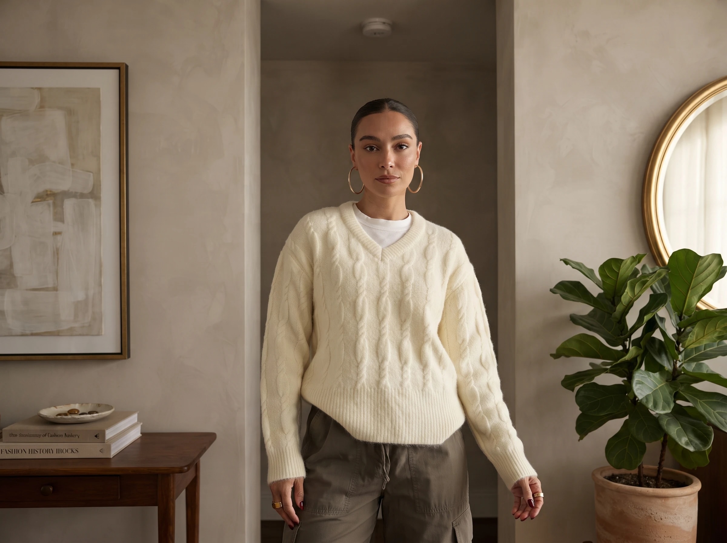 Cable Knit Pattern V-Neck Sweater