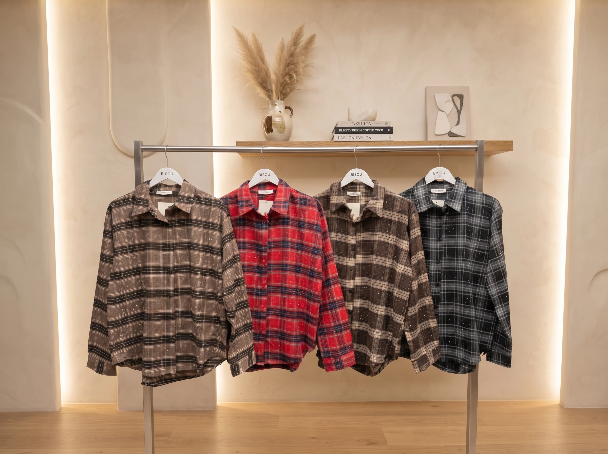 Taş İşlemeli Ekose Oversize Flanel Gömlek